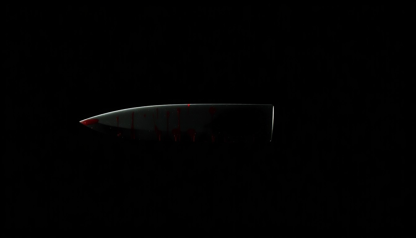 An extreme close-up of a single bloody knife blade, reflecting a harsh flash of light against a pitch-black background, conveying the stark, gritty reality of a violent crime scene.