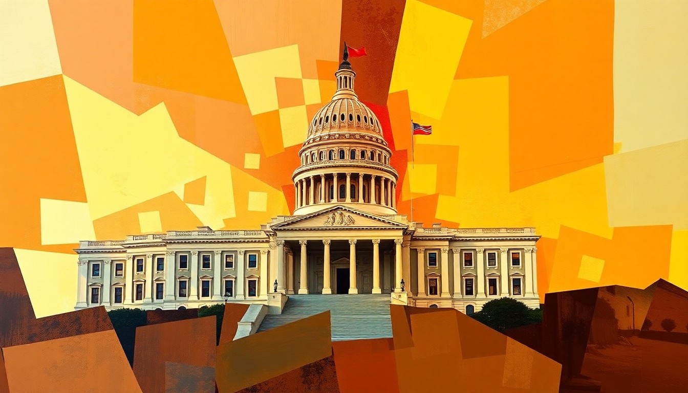 A fractured, geometric painting in overlapping waves of warm colors depicting a California state capitol building or other political structure, conveying a sense of motion and instability.