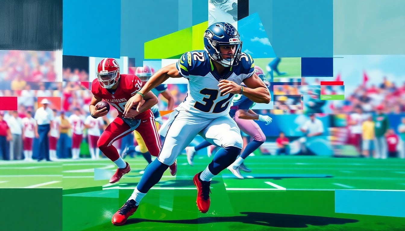 A cubist, geometric painting depicting the explosive motion of a football player rushing the passer, with sharp planes of color representing the player's body and the football field.