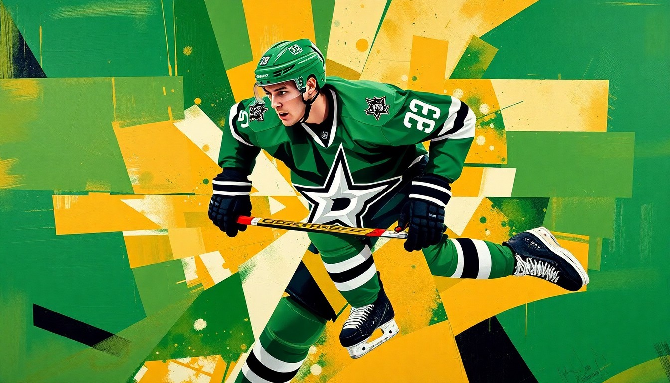 A fragmented, geometric painting depicting a hockey player in motion, with sharp planes of green, gold, and black representing the Dallas Stars' team colors.