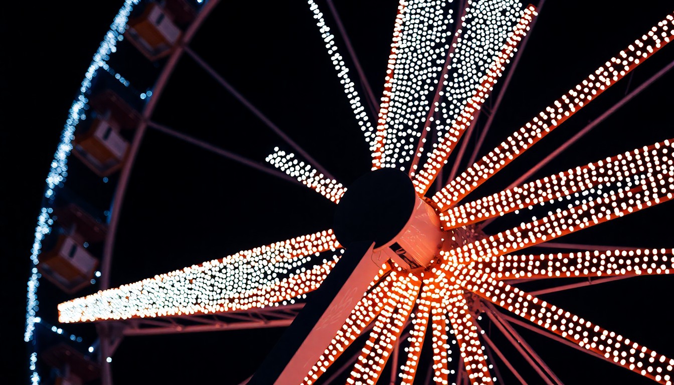 An extreme close-up photograph of the Coachella Ferris wheel's intricate, glittering LED light texture, capturing the luxurious, high-fashion aesthetic of the iconic desert attraction.