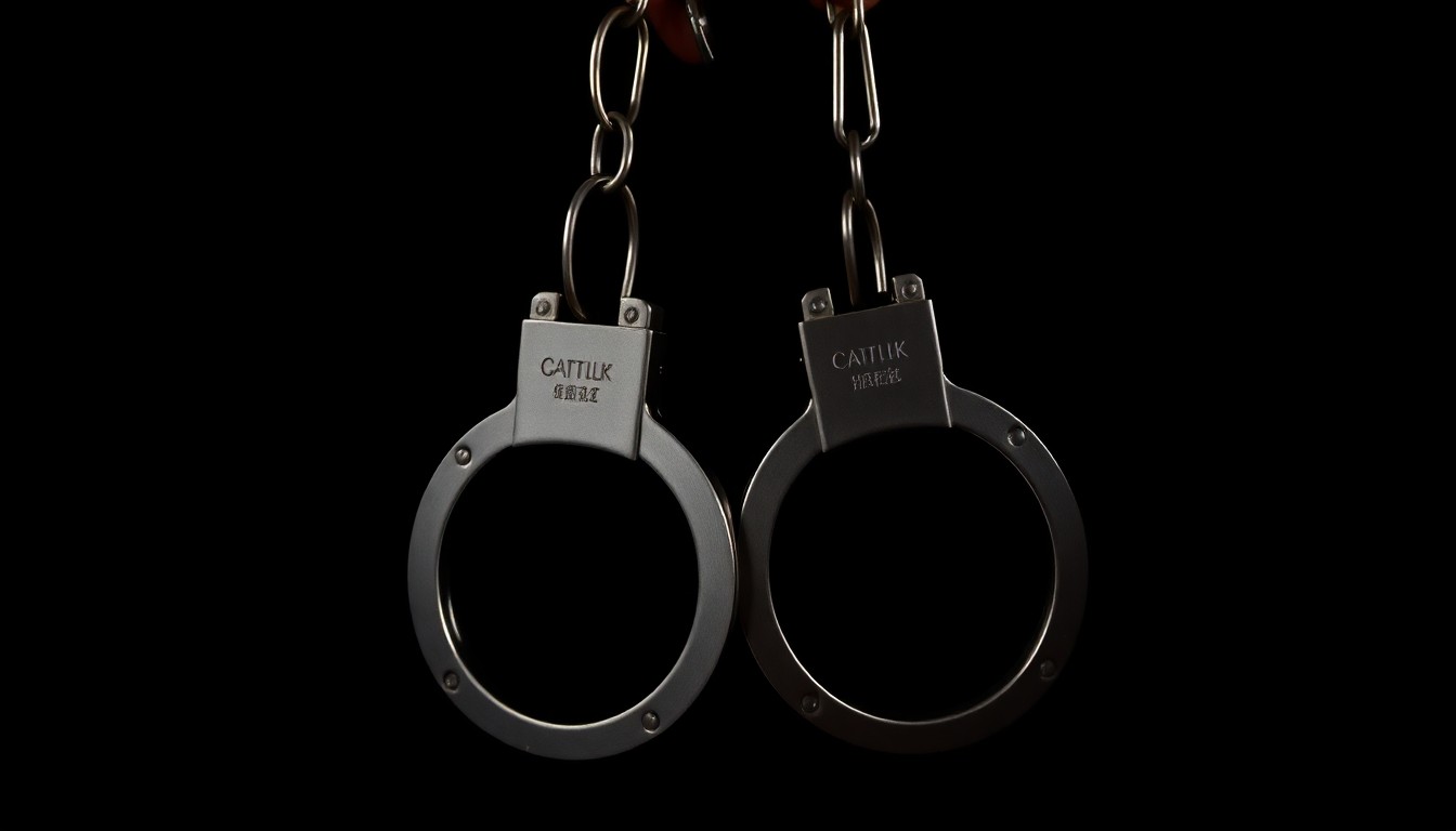 An extreme close-up of a pair of metal handcuffs, the harsh lighting and dark background creating a stark, gritty visual that conceptually represents the arrest of a school employee accused of misconduct.
