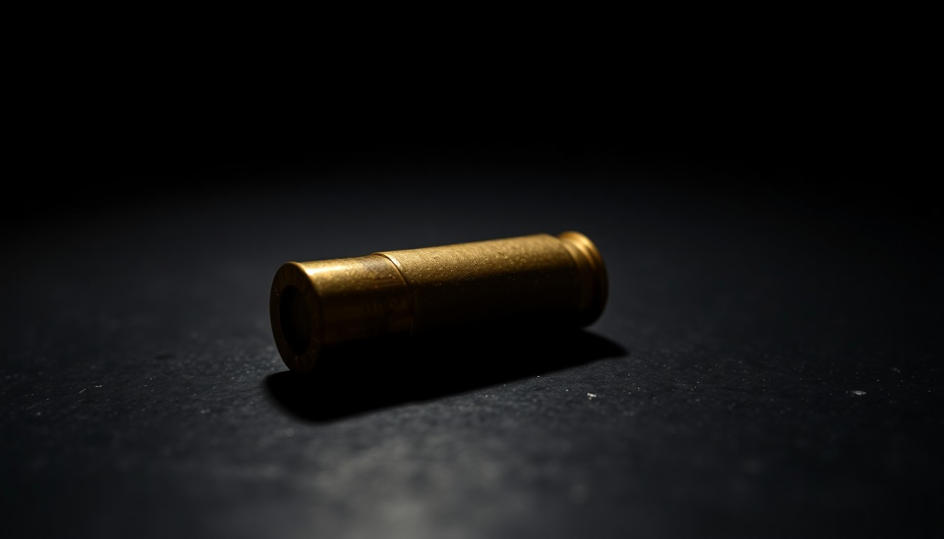 An extreme close-up photograph of a single spent bullet casing on a dark surface, lit by a harsh camera flash, creating a gritty, investigative aesthetic.
