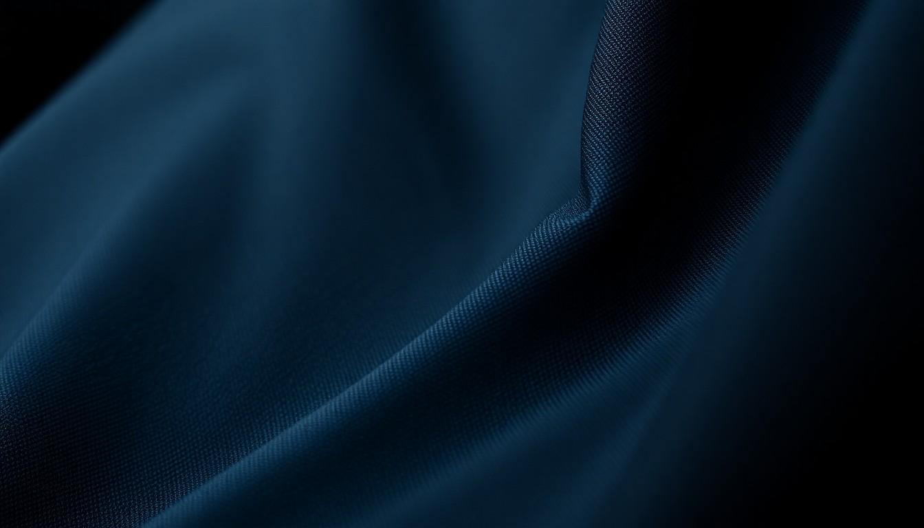 An extreme close-up photograph of a rich, textured fabric in dark, moody shades of blue and grey, capturing the brooding, high-stakes atmosphere of the Batman universe.