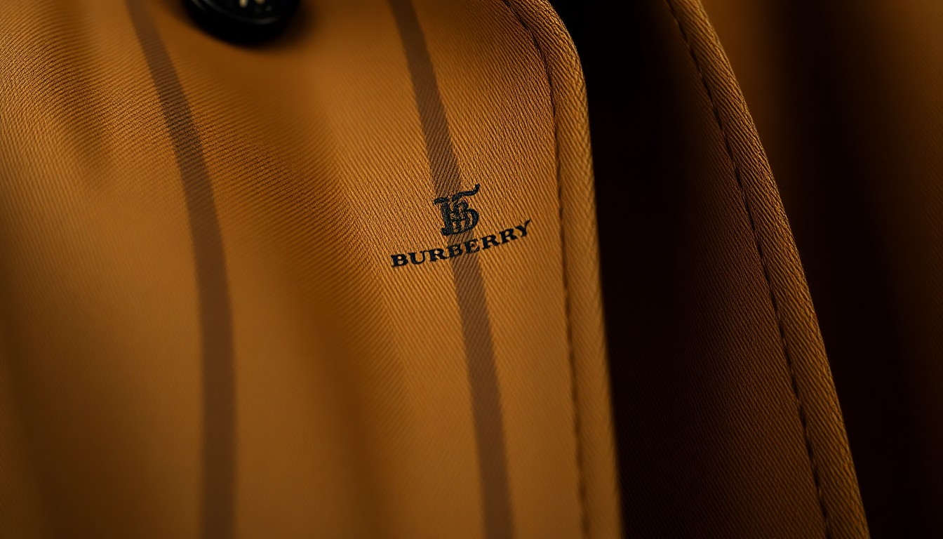 An extreme close-up photograph of the luxurious, textured fabric of a Burberry trench coat, captured in dramatic, high-contrast studio lighting to create a glamorous, high-fashion aesthetic.