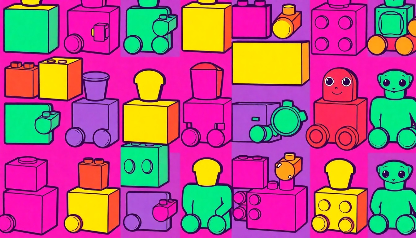 A brightly colored, high-contrast silkscreen print of a set of wooden building blocks repeated in a tight grid pattern, capturing the playful, creative energy of children's play areas in Chicago's libraries.