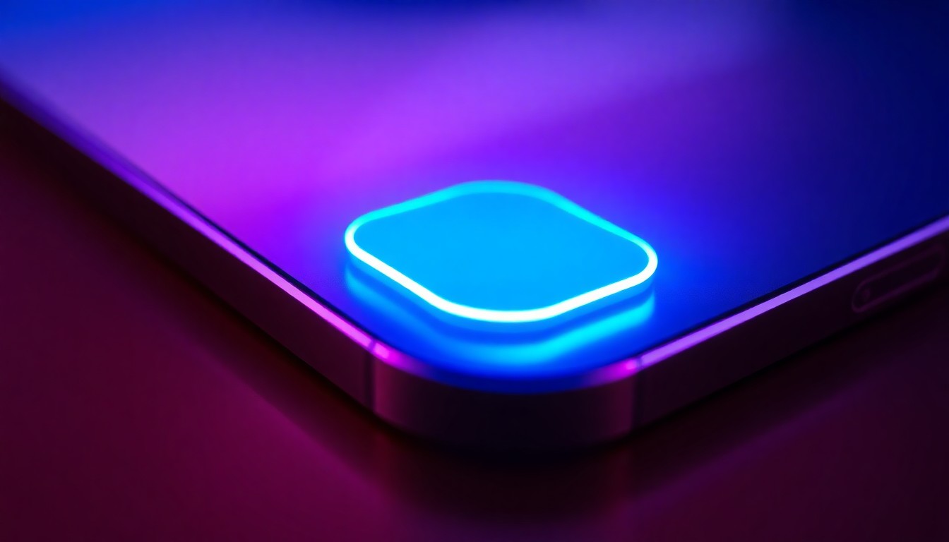 A close-up, highly detailed 3D illustration of the iPhone's Home Indicator, a physical line at the bottom of the screen, illuminated by vibrant neon cyan and magenta lights, representing the versatile functionality of this design element.