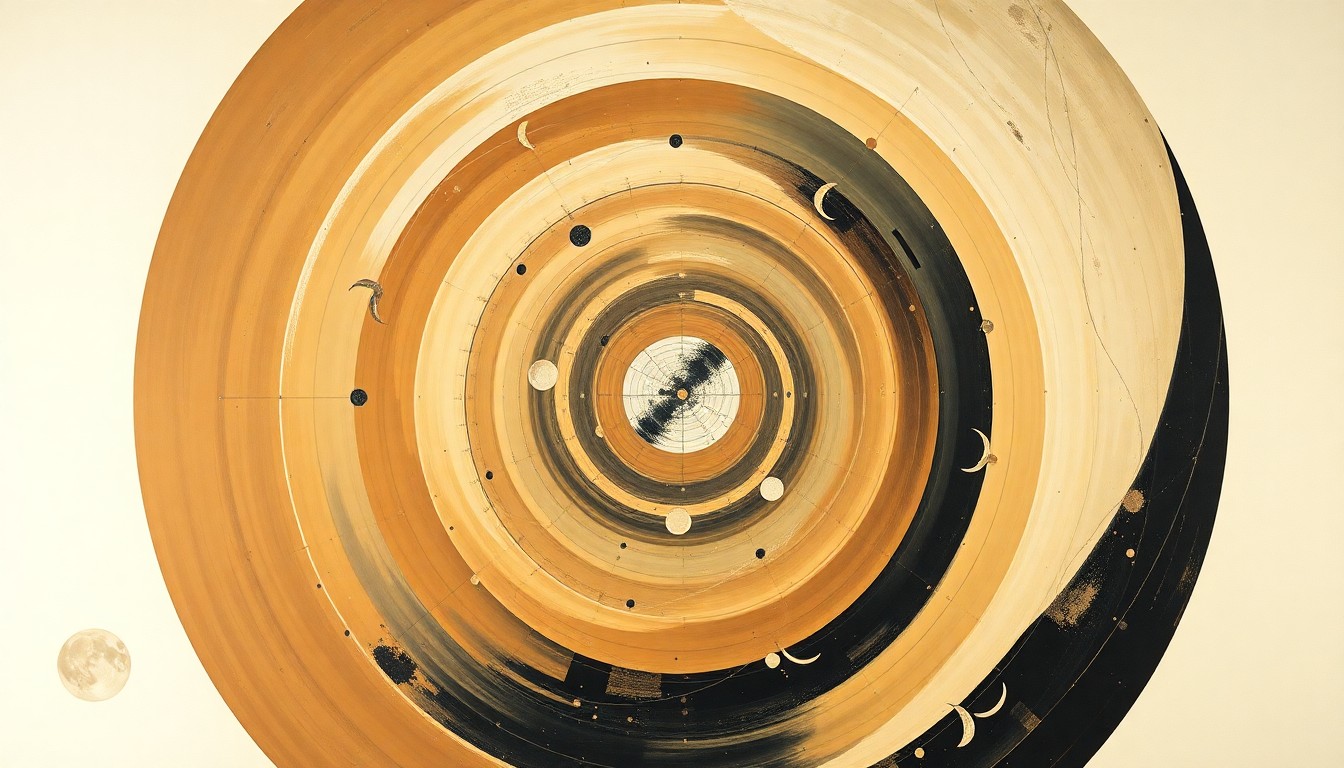 A highly structured abstract painting in the style of Hilma af Klint, featuring sweeping geometric arcs, concentric planetary circles, and precise botanical spirals in soft, earthy tones against a clean background, conveying the structural order of the universe without using any text or symbols.