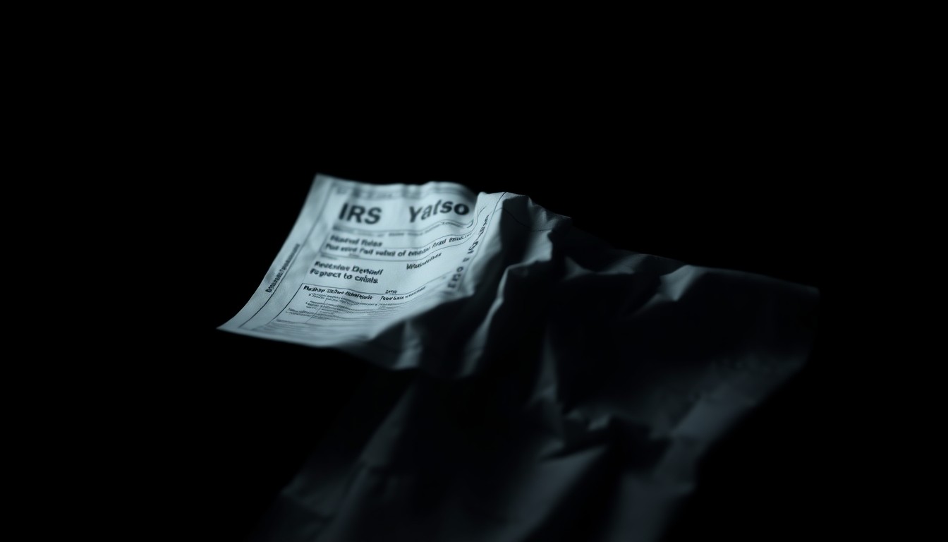 An extreme close-up of a crumpled IRS tax form reflecting a harsh, direct camera flash, conceptually illustrating the stark and gritty nature of tax-related crimes.
