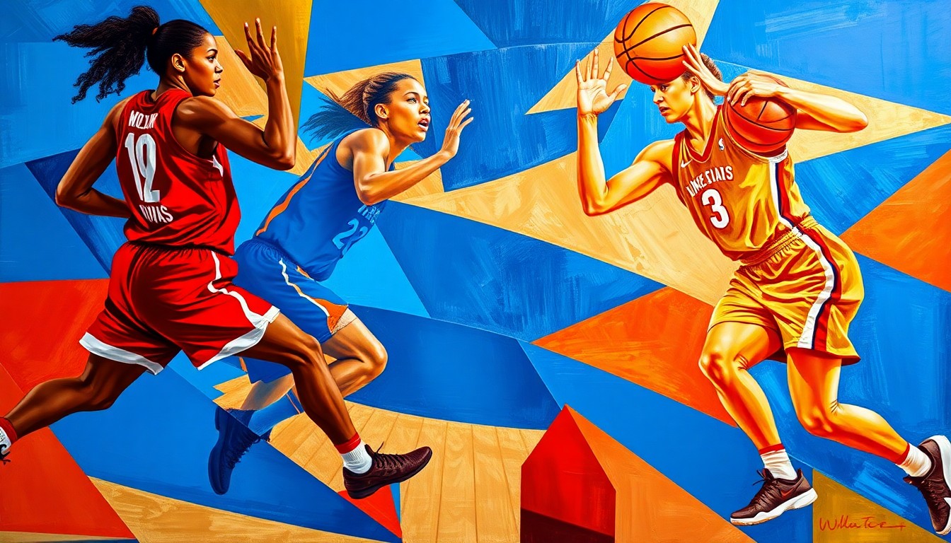 A cubist, geometric painting depicting a WNBA basketball game in motion, with the players' forms abstracted into dynamic, angular shapes in a vibrant color palette.