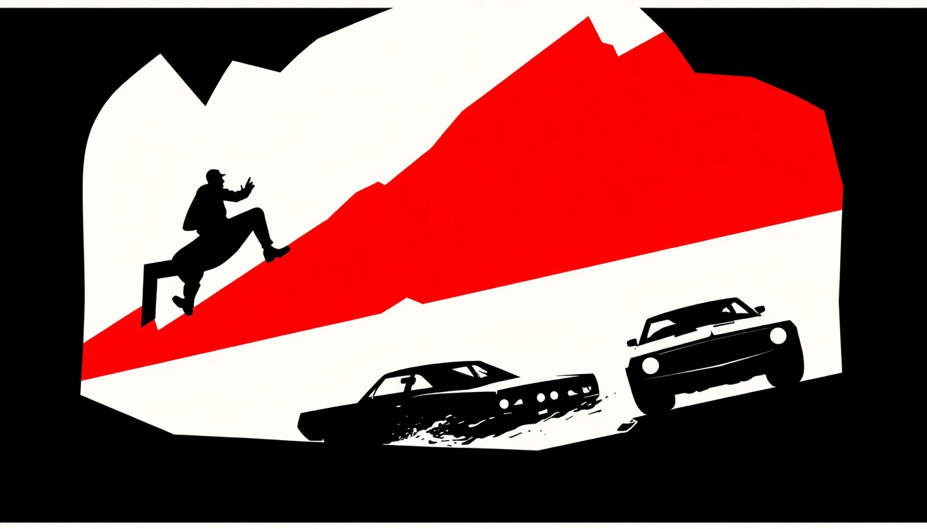 An abstract, minimalist illustration featuring jagged, geometric black silhouettes against a high-contrast red and white background, conceptually representing the iconic chase scenes that link the films 'Stagecoach' and 'The Fast and the Furious'.