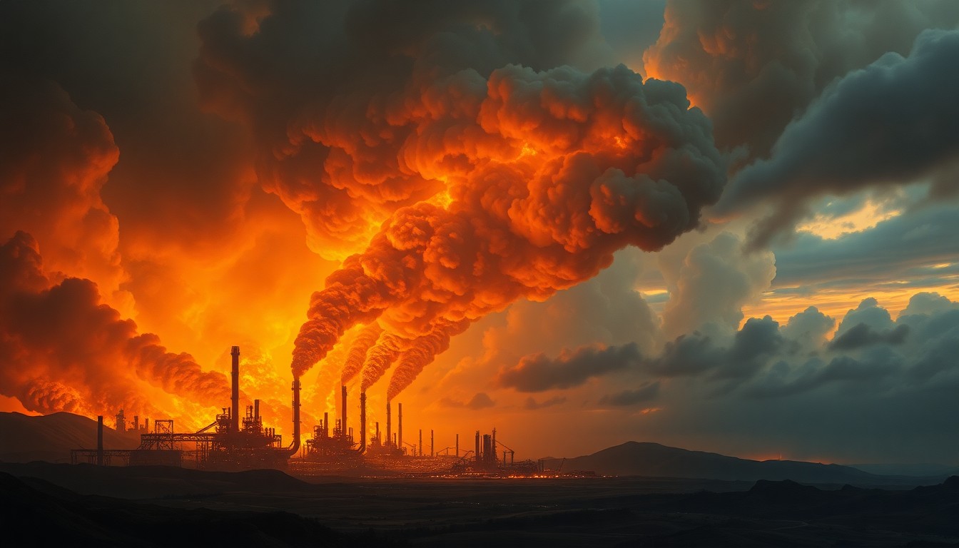 A vast, majestic landscape painting depicting a massive industrial fire, with the refinery structures dwarfed by the towering plumes of smoke and flames, conveying the overwhelming, sublime scale of the natural disaster.