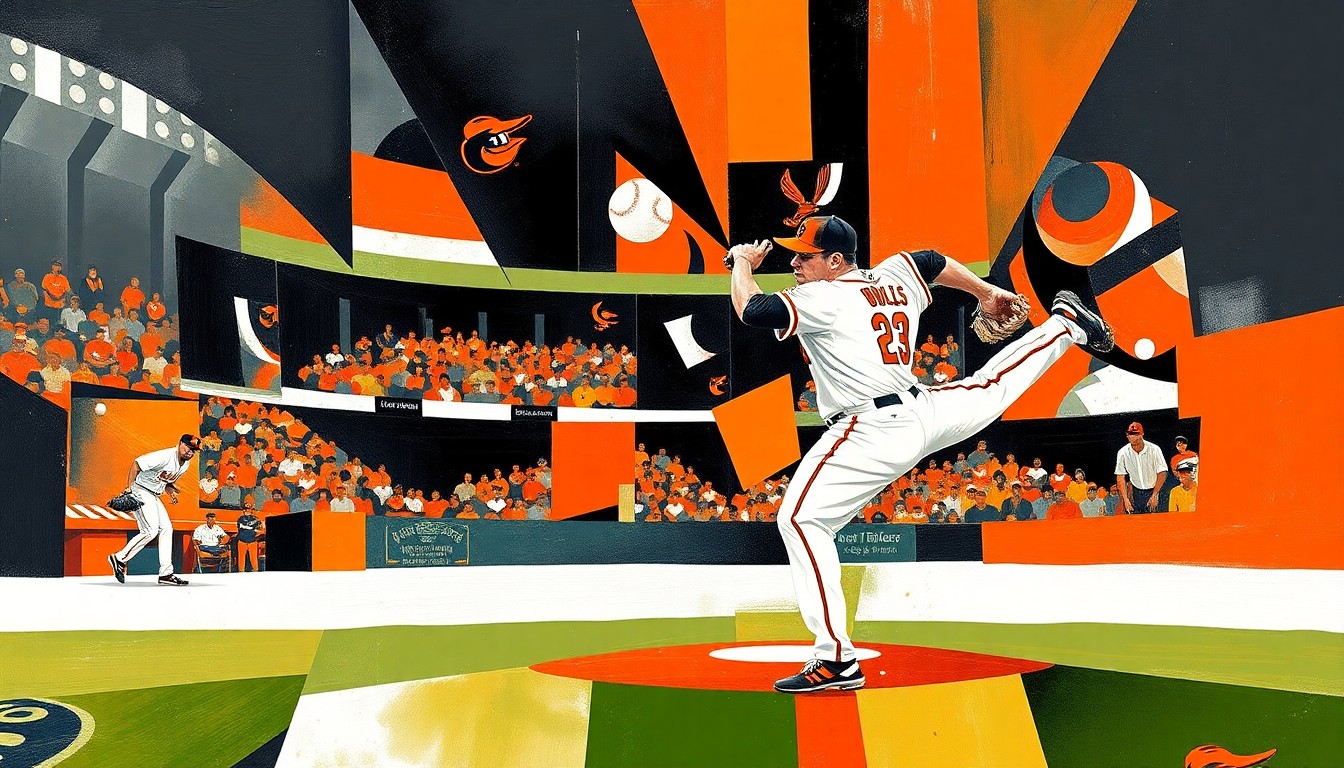 A cubist-style painting depicting a baseball pitcher in motion, with their form broken down into overlapping geometric shapes and planes in the Orioles' team colors of orange, black, and white.