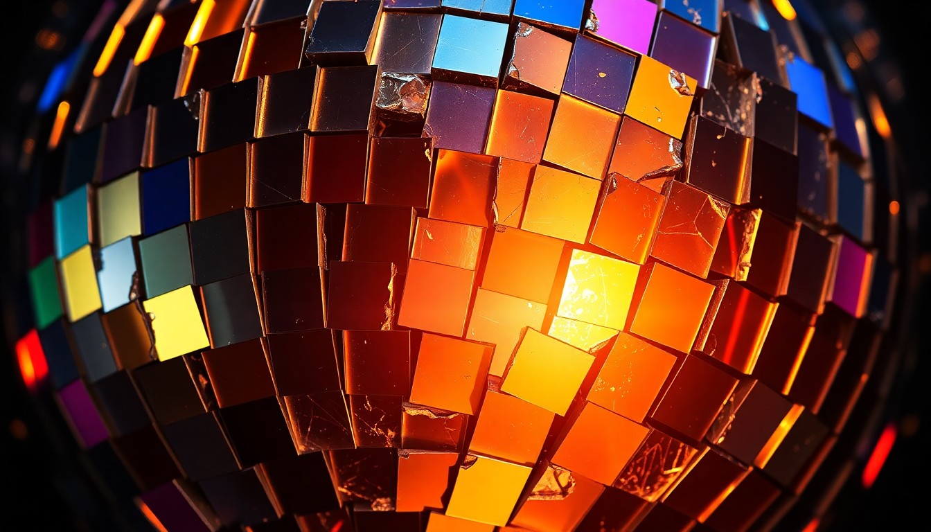 An extreme close-up photograph of a shattered disco ball, with the reflective shards of glass creating a kaleidoscope of glittering colors and textures, conceptually representing the technical mastery and underlying tensions within the Eagles at the peak of their career.