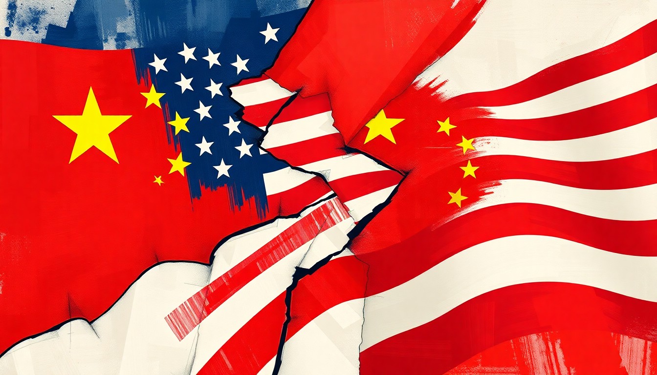 A vibrant, fractured painting featuring overlapping geometric shapes in shades of red, white, and blue, representing the American flag, and yellow and red, representing the Chinese flag, conveying the sense of geopolitical conflict and influence between the two nations.