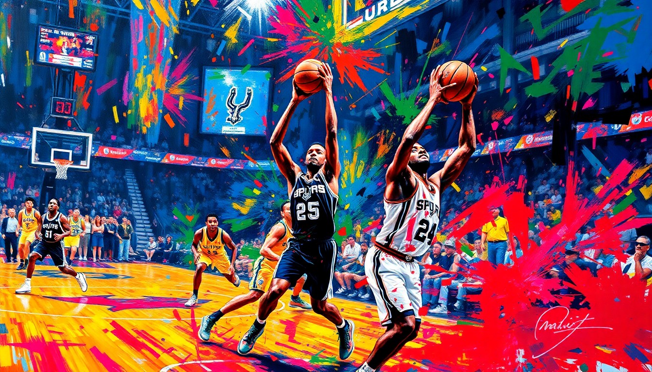 An abstract, expressionist painting in vibrant neon colors, capturing the energy and movement of a Spurs basketball game, with players' forms dissolving into a blur of brushstrokes and splashes of paint.