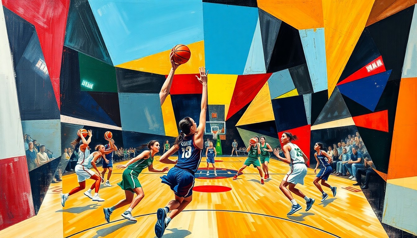A cubist-style painting featuring fragmented, geometric shapes and planes of color representing a women's basketball game or competition, conveying the intensity and dynamism of the sport.