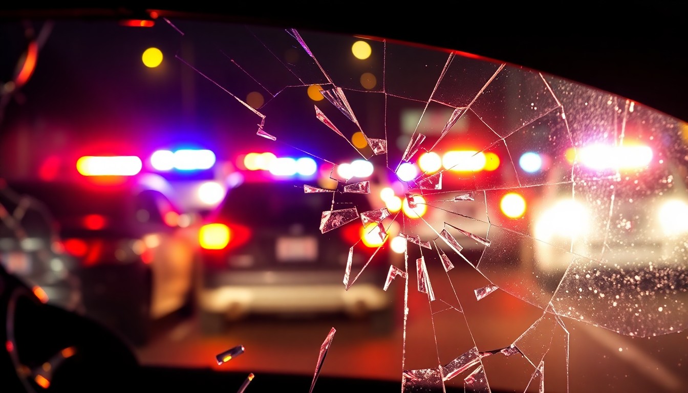 An extreme close-up of a shattered car window reflecting the flashing lights of emergency vehicles, creating a stark, gritty, and investigative aesthetic to conceptually represent the tension and uncertainty of an officer-involved shooting.