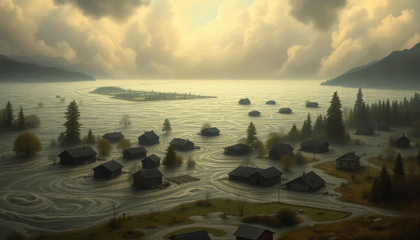 A sweeping, atmospheric landscape painting depicting a flooded rural town, with damaged homes and infrastructure dwarfed by the overwhelming scale of the natural disaster.