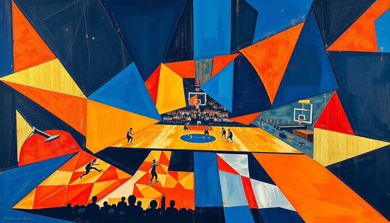 A fractured, geometric painting depicting the action and movement of a WNBA basketball game, with sharp planes of color and overlapping shapes conveying the intensity and passion of the sport.