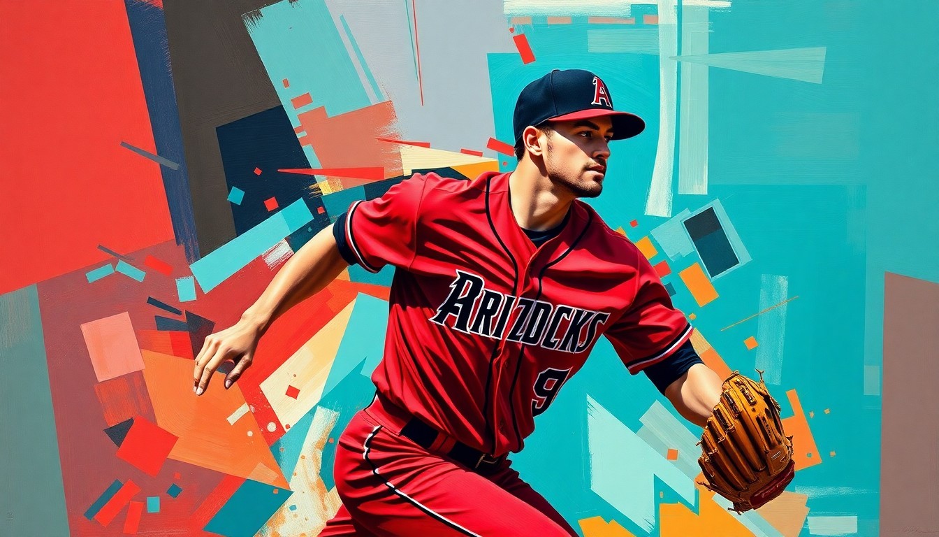 A cubist-style painting depicting a baseball player's motion, with sharp, overlapping geometric shapes in the colors of the Arizona Diamondbacks' uniform, conveying the dynamic and powerful shift in Ketel Marte's career trajectory.