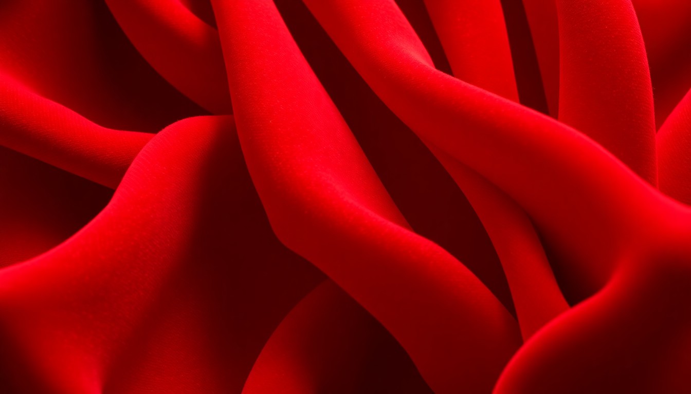 An abstract close-up photograph of a rich, velvety red fabric texture, using dramatic studio lighting to create a high-fashion, glamorous aesthetic that visually represents the romantic and familial themes of the film.