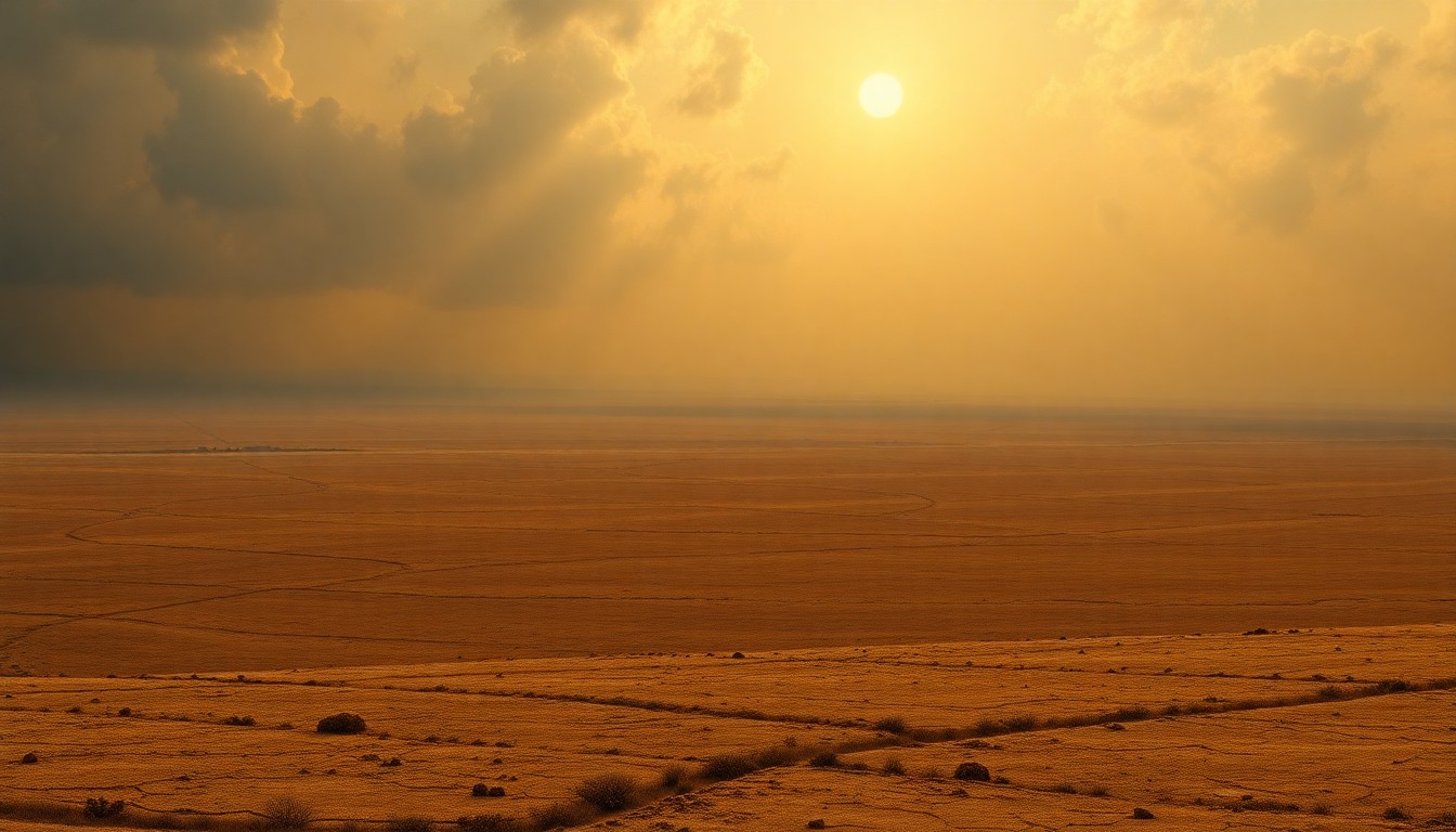 A vast, atmospheric landscape painting in muted earth tones, with a parched, cracked field stretching out under a hazy, oppressive sky, conveying the overwhelming scale and melancholic mood of the drought in Georgia.