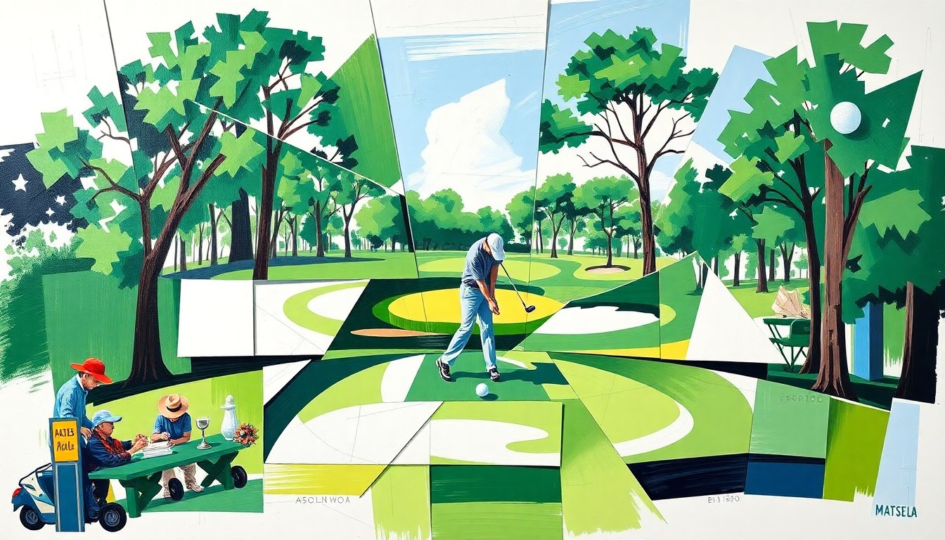 A cubist, geometric painting depicting a golf shot at the Masters Tournament, with overlapping planes of color and form capturing the dynamic energy of the moment.