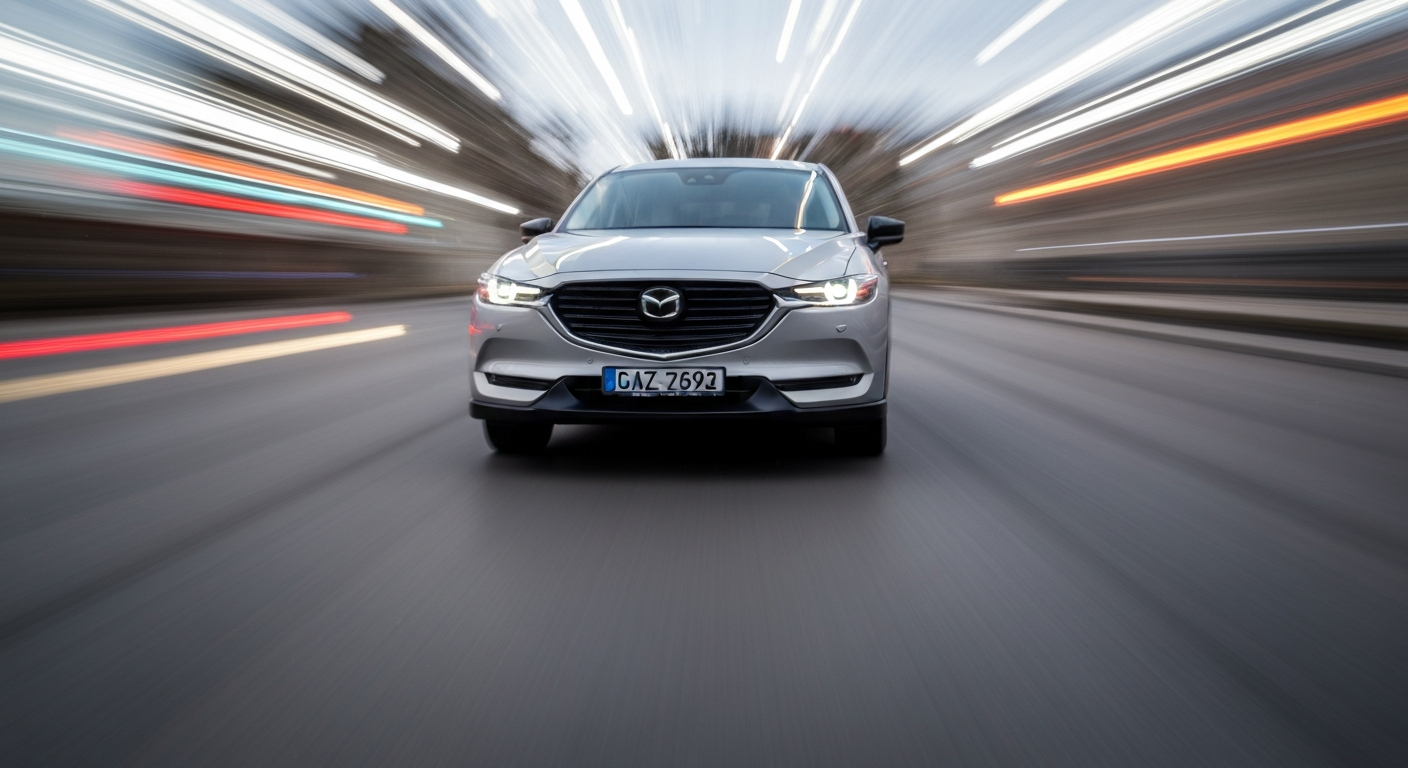 An abstract, sweeping image of a Mazda CX-5 vehicle in motion, with vibrant streaks of color and a sense of speed and energy, conceptually representing Mazda's innovative approach to in-vehicle technology.