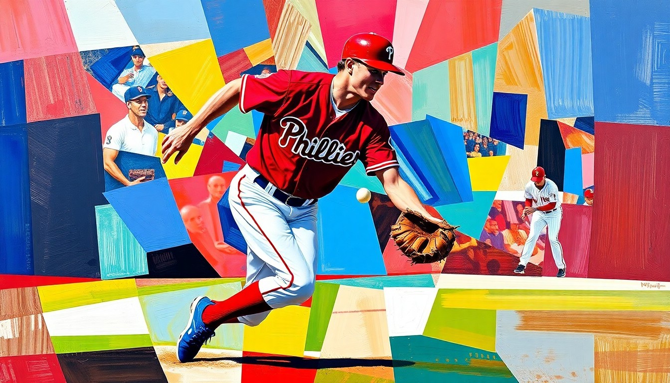 A fragmented, geometric painting depicting a baseball infielder in motion, with sharp planes of red and blue representing the Phillies' colors and the player's defensive versatility.