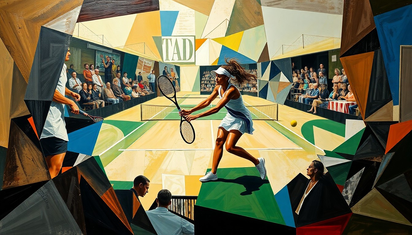 A cubist-style painting featuring overlapping geometric shapes and planes in shades of blue, green, and red, conceptually representing the mental challenges and internal conflicts faced by a professional tennis player.