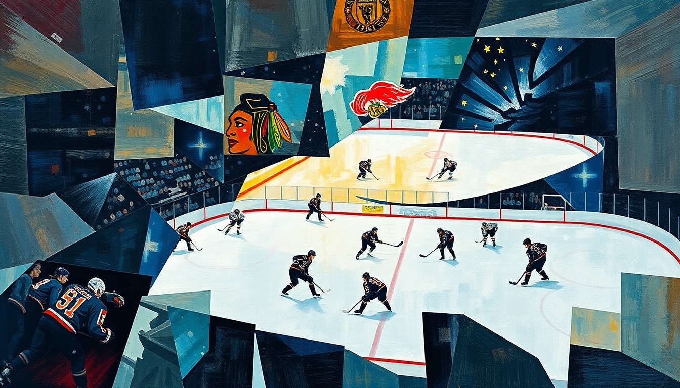 A cubist-style painting featuring overlapping geometric shapes and planes in shades of blue, red, and yellow, abstractly depicting a hockey game or match, with the players and rink deconstructed into dynamic, angular forms.