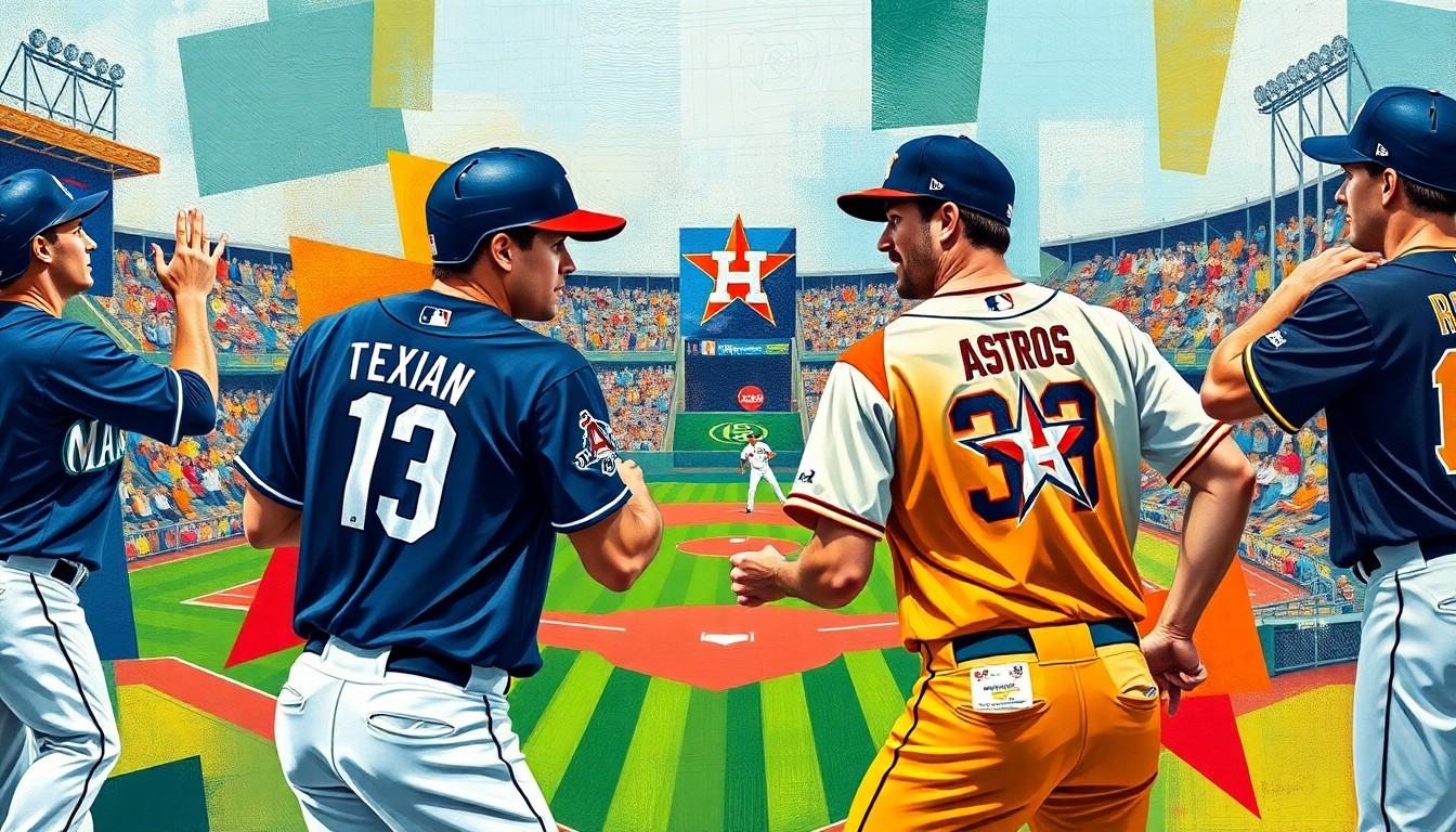 A cubist, geometric painting depicting a baseball game in motion, with fragmented, overlapping shapes and planes of bright, contrasting colors representing the dynamic action on the field.