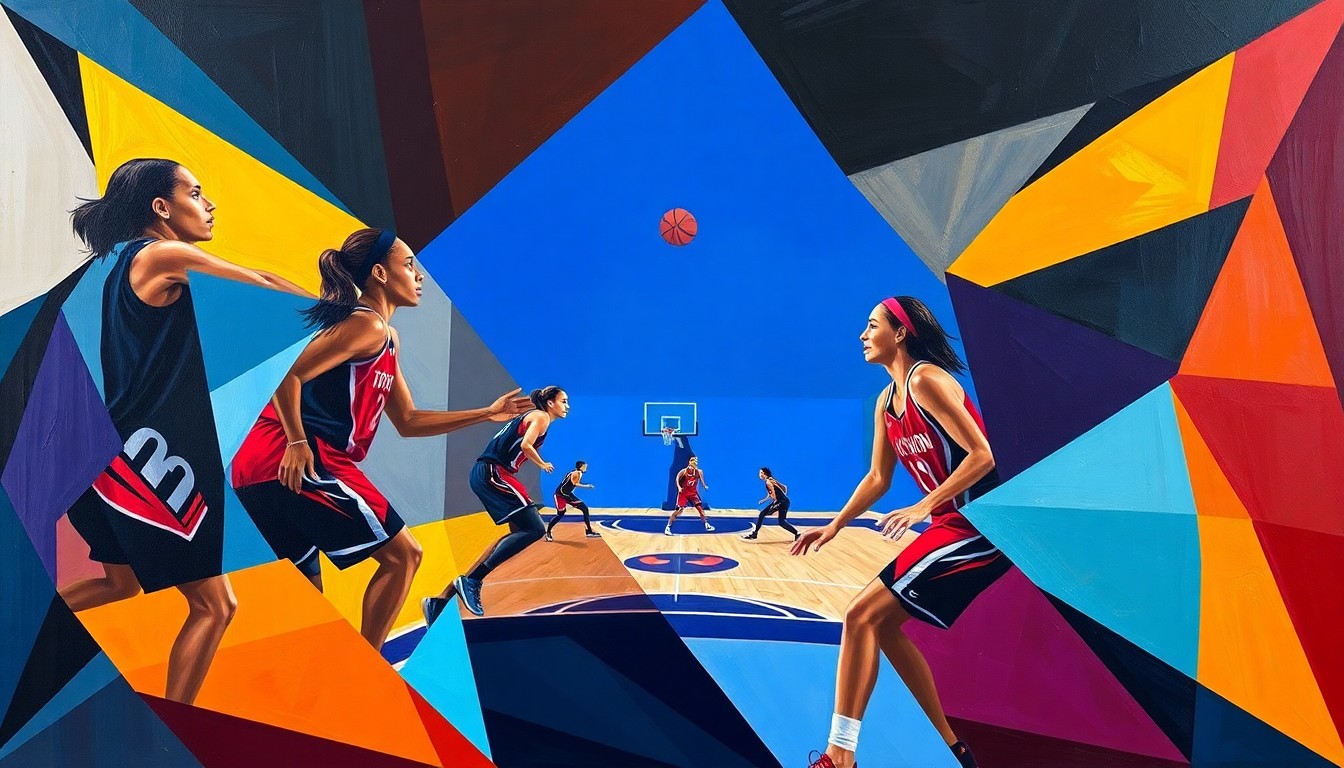 A cubist, geometric painting depicting a WNBA basketball game, with the players' forms broken down into abstract, overlapping shapes and planes in the team's official colors, conceptually representing the progressive design of the Tempo's new arena.