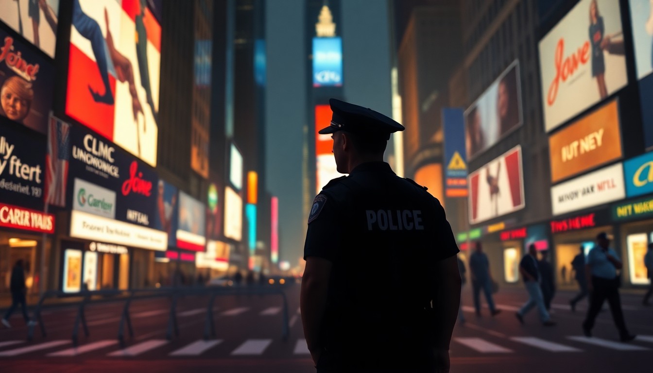 A cinematic painting depicting a lone police officer standing in the shadows of an empty Times Square, the area bathed in warm, diagonal sunlight, conveying the tension and uncertainty surrounding the upcoming July 4th ball drop celebration.
