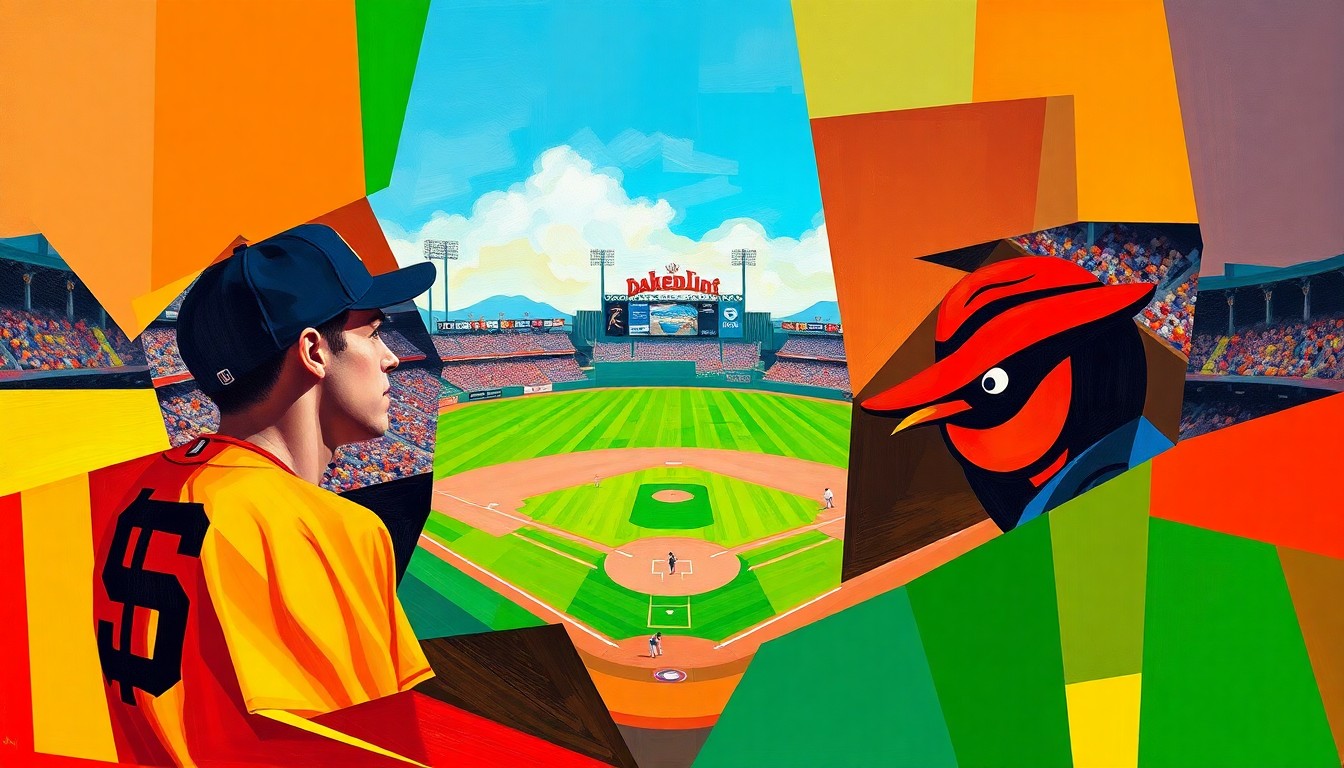 A cubist-style painting depicting a fractured, multi-angle view of a baseball game, with the players and field breaking down into sharp, overlapping geometric shapes in the Giants' orange and black and the Orioles' black and orange colors.