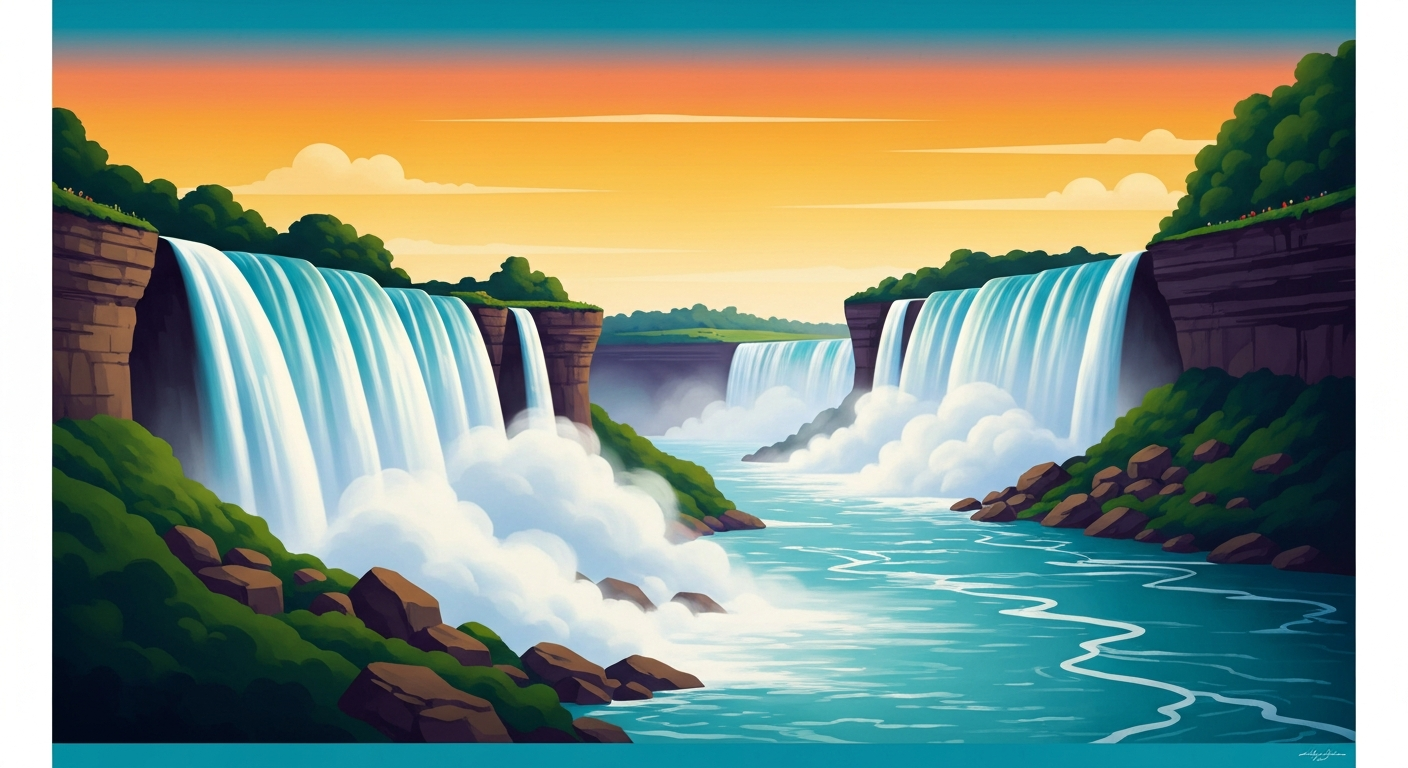 A bold, geometric illustration in the Art Deco style, depicting the towering, sweeping landscape of the Niagara Falls with its iconic waterfalls in the center, conveying the grand scale and romance of the destination.