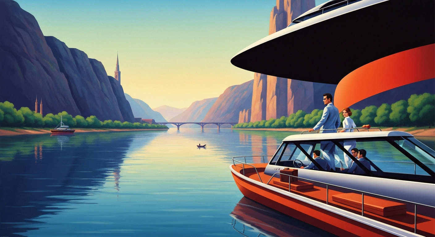 A highly stylized, geometric landscape illustration depicting the sweeping curves of a river surrounded by towering cliffs and lush forests, conveying the grand scale and natural beauty of Kankakee River State Park.