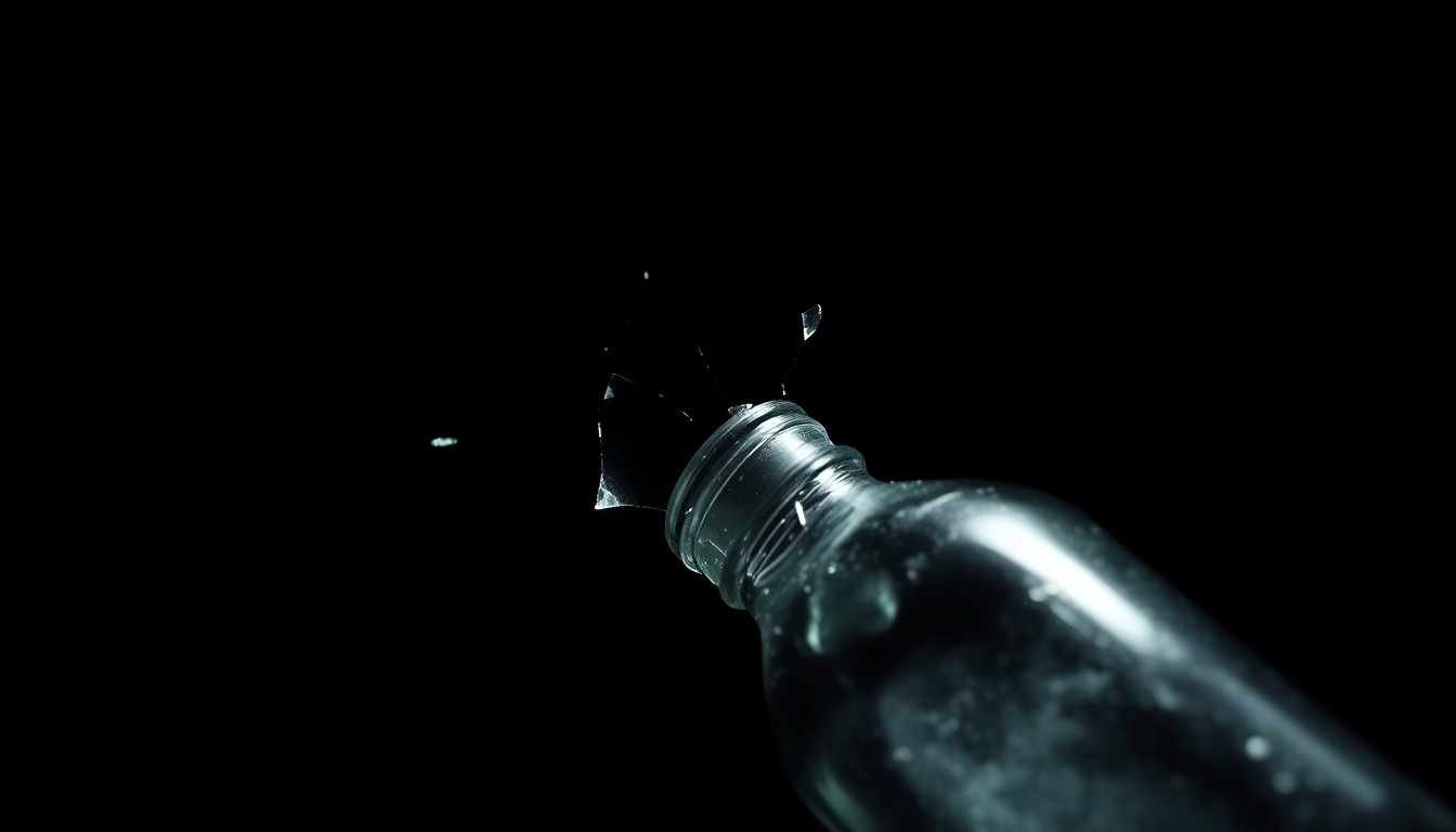 An extreme close-up photograph of a broken glass bottle or damaged property, lit by a harsh, direct camera flash against a pitch-black background, conveying the gritty, investigative nature of the recent juvenile incidents.