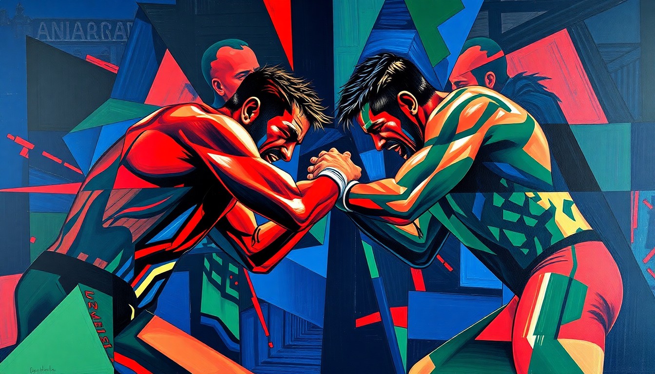A fractured, multi-perspective painting in bold colors depicting the intense physical struggle of a wrestling match, capturing the competitive spirit between the two fighters.
