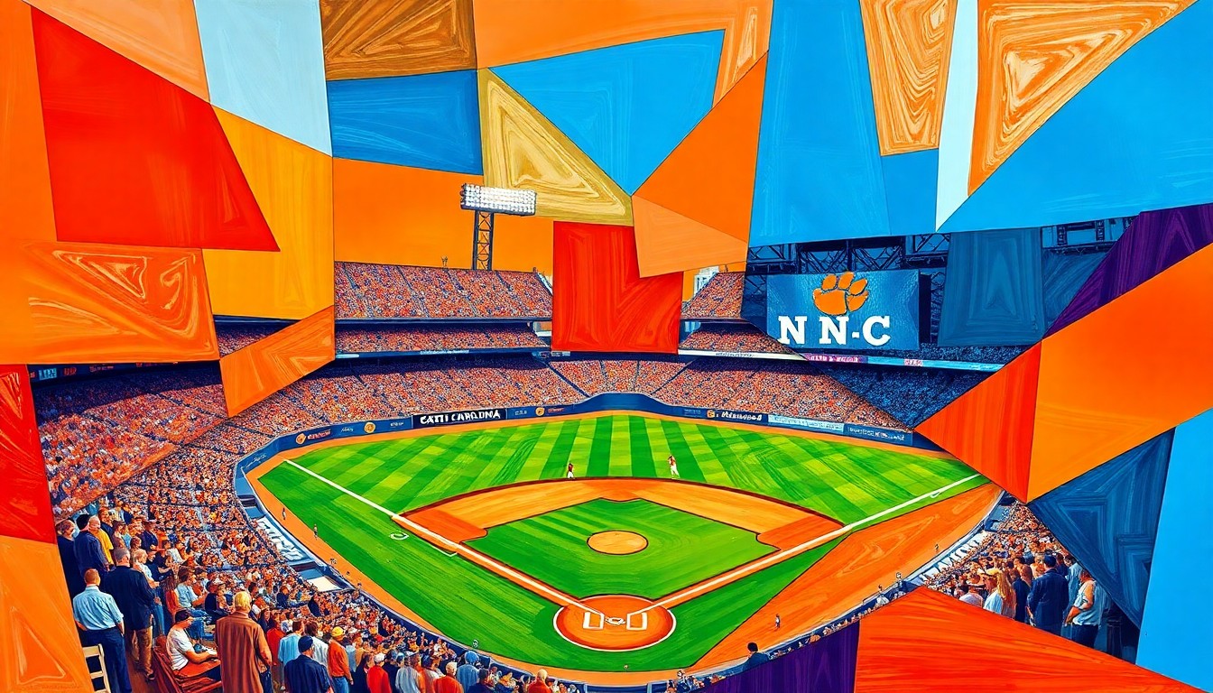 A fragmented, geometric painting in bold colors representing the action and competition of a college baseball game between two rival teams.
