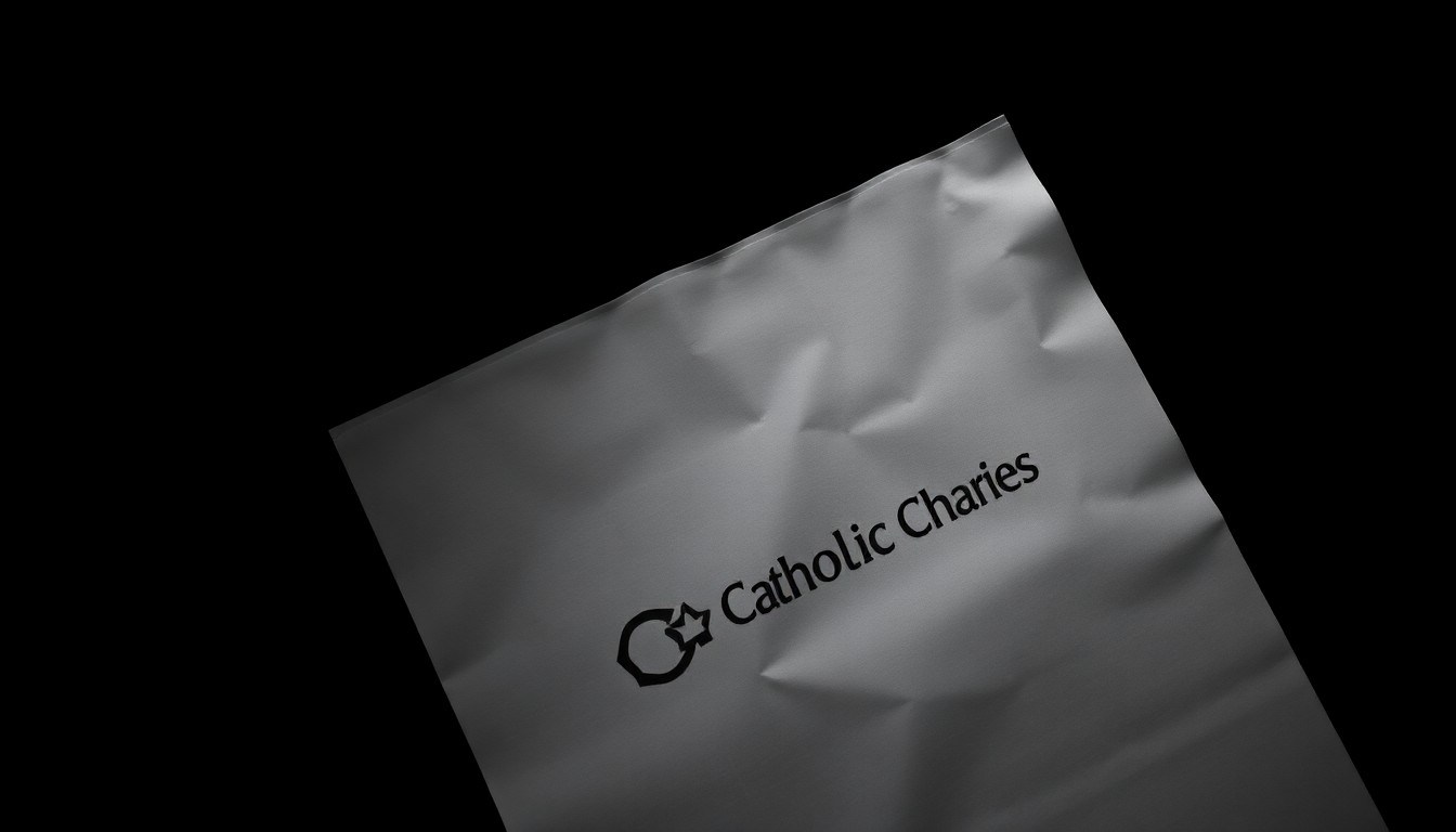An extreme close-up photograph of a crumpled, official-looking document with the Catholic Charities logo, lit by a harsh, direct camera flash against a pitch-black background, conceptually representing the deceptive tactics used in this scam.