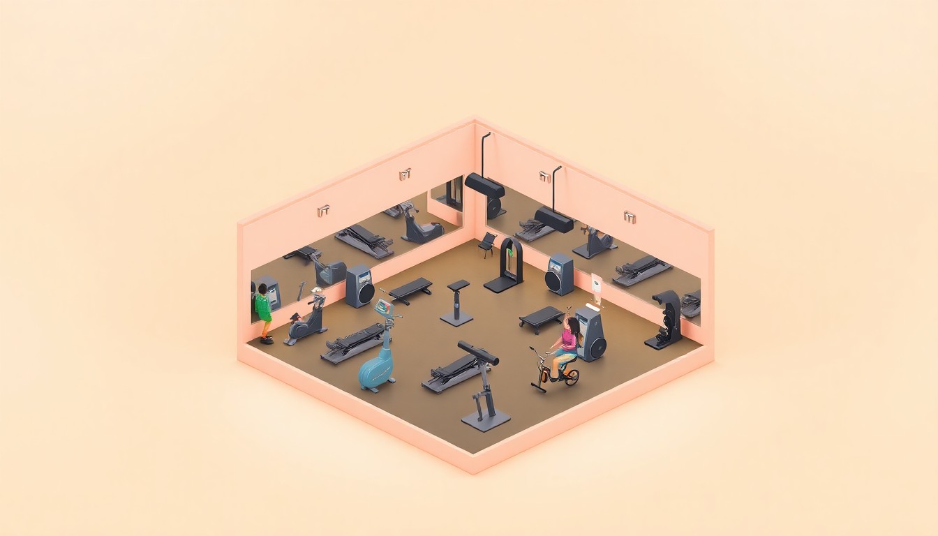 A stylized, isometric 3D illustration of a modern fitness center with various exercise equipment and machines, represented in a clean, minimalist design with bold colors and soft lighting to convey a sense of community wellness and small business growth.