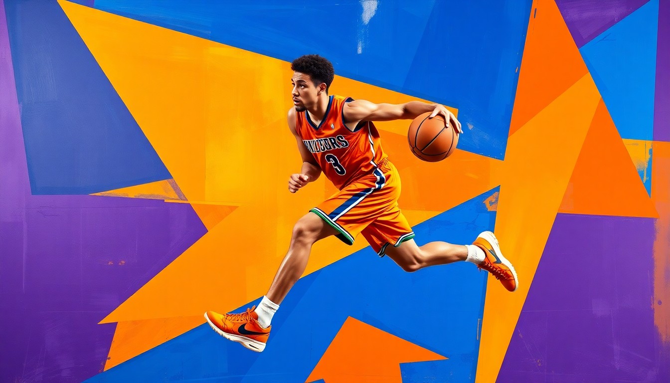 A fragmented, cubist-style painting depicting the dynamic movements of a high school basketball player, with sharp geometric shapes and vibrant colors conveying the energy and skill of the athlete.