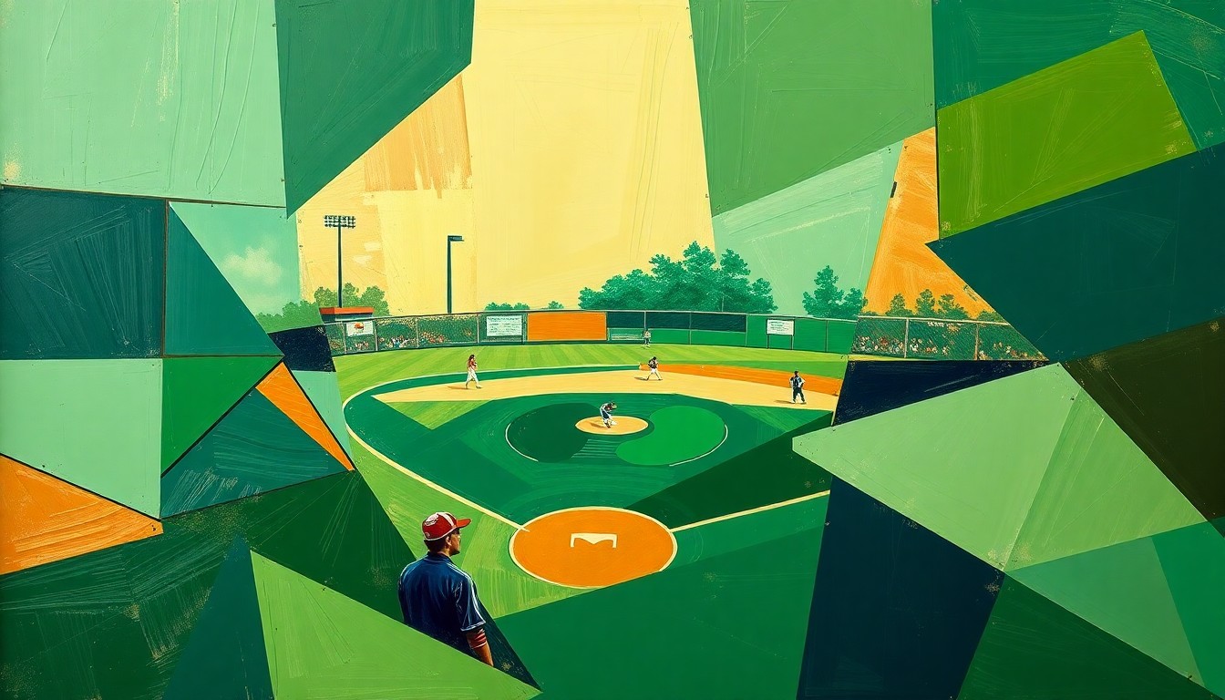 A cubist-style painting depicting a high school softball game, with the players and field broken down into overlapping geometric shapes in shades of green, gold, and navy blue, capturing the dynamic energy of the sport.