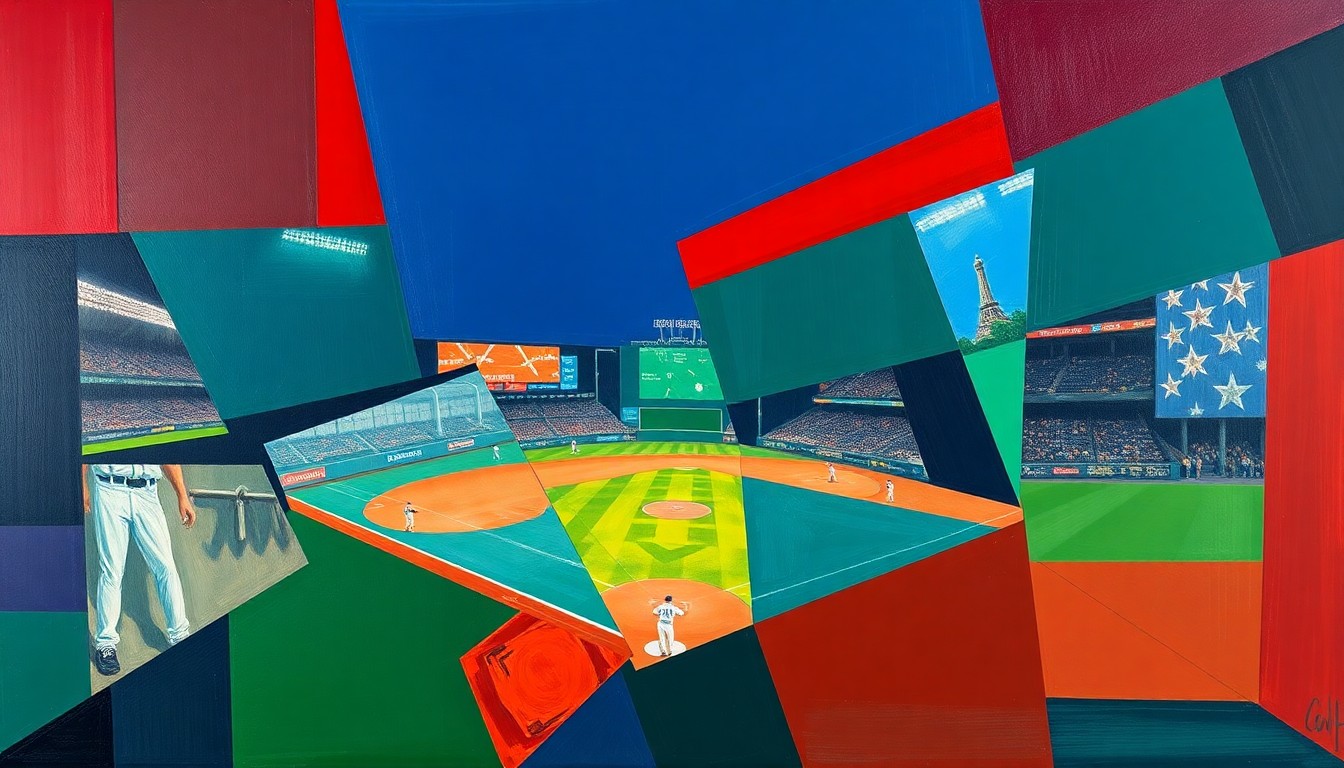 A cubist, geometric painting depicting a baseball game or match, with sharp, overlapping planes of color representing the dynamic action on the field.