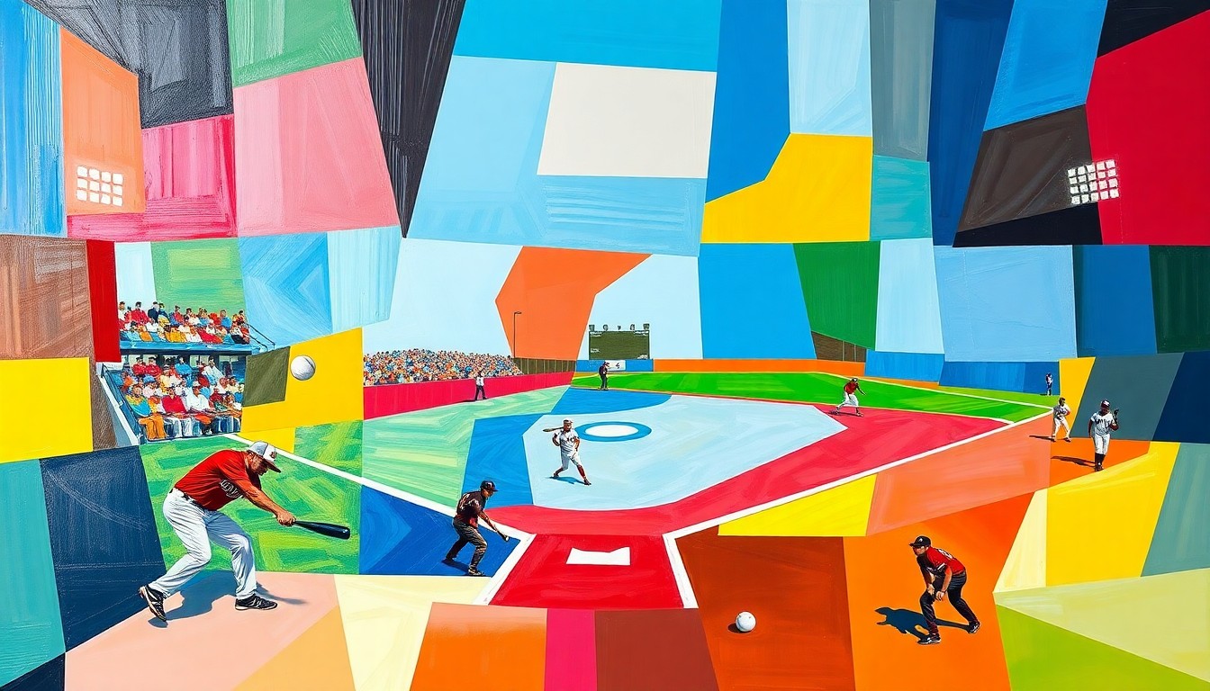 A cubist, geometric painting featuring overlapping planes of bright red, blue, and green colors, conceptually representing the dynamic action and competition of a softball game.