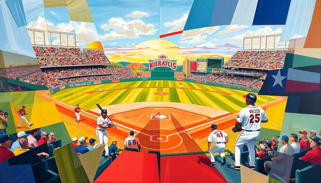 A fractured, cubist-style painting depicting a baseball game between two teams, with the players and field broken down into sharp, overlapping geometric shapes and planes in a vibrant color palette.