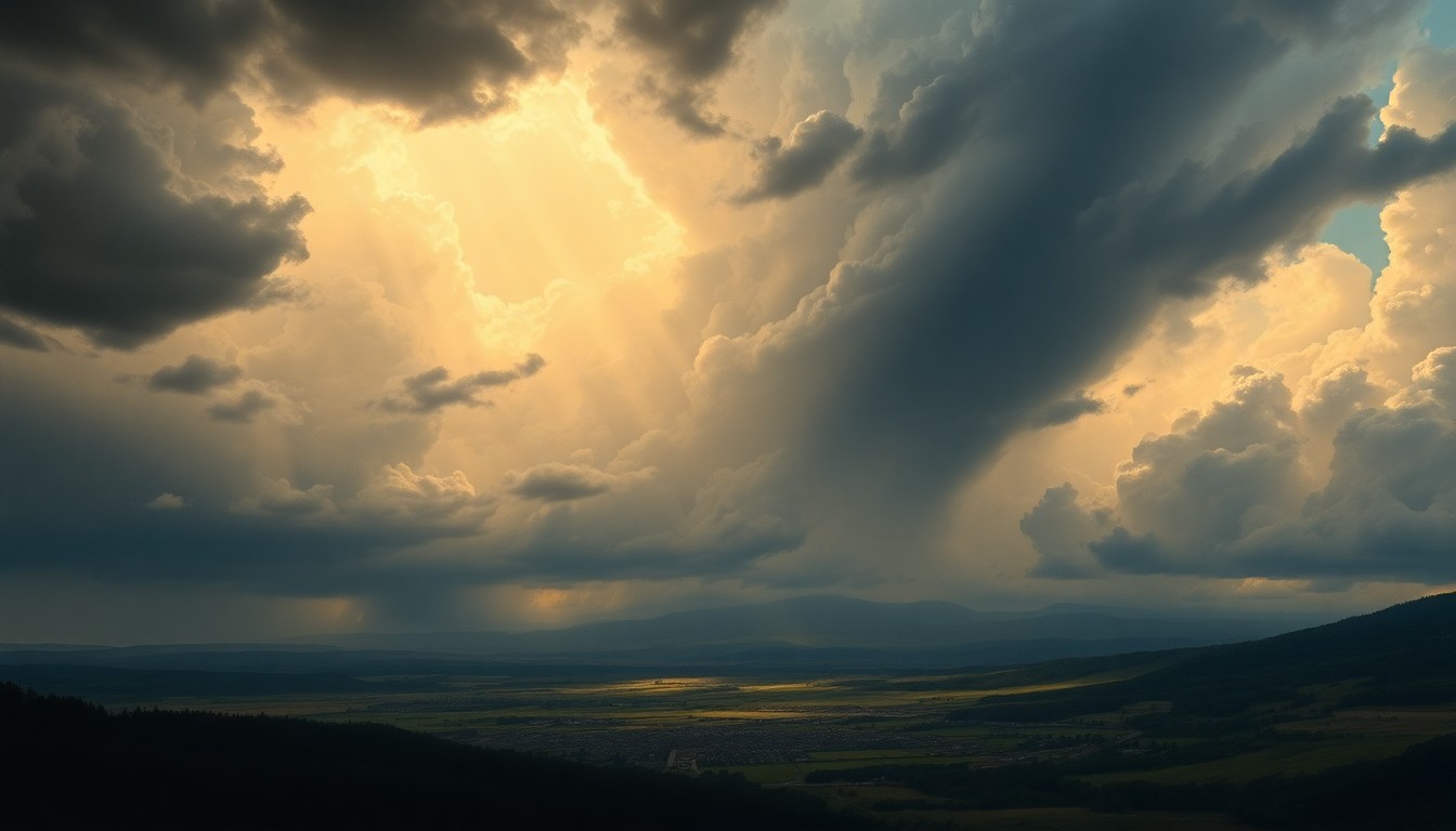 A dramatic landscape painting in muted tones of gray, blue, and gold, with a sweeping, turbulent sky filled with ominous storm clouds and rays of light breaking through, dwarfing a small town or rural scene below. The composition conveys the overwhelming, sublime scale of the natural world and the power of the approaching weather system.