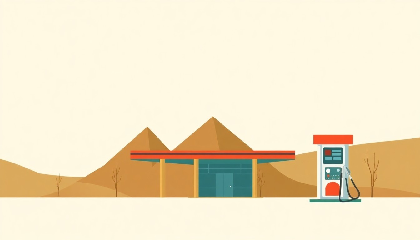 A minimalist illustration using overlapping triangles and rectangles in earthy green, brown, and blue tones to conceptually represent the economic benefits of tribal gas stations offering lower fuel prices.